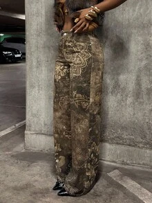 SHEIN Tall Tall Women's Mid-Rise Printed Washed Straight Leg Jeans - Multicolor - View 5