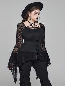 ROMWE Áo cổ yếm tay loe không đối xứng phối ren phong cách Gothic cỡ lớn, áo nữ thanh lịch tối màu phong cách Gothic cỡ lớn, áo gợi cảm cỡ lớn, quần áo nữ cỡ lớn phong cách Gothic - màu đen - Xem 12