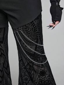 ROMWE EDITION Plus Size Women Gothic Style Flocked & Mesh Patchwork Metal Chain Decor Flare Pants - Black - View 4