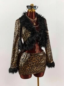 Amplova Conjunto de 2 piezas de top de manga larga y minifalda con estampado de leopardo y parches de piel sintética - Multicolor - Ver 3