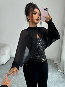 Elenzga Áo thun nữ trơn màu đính sequin cổ đứng, viền lưới tương phản và dây đeo mảnh, áo thun sequin thanh lịch thích hợp cho các buổi tụ họp trang trọng mùa thu/đông, hẹn hò, ngày lễ như Giáng sinh, Halloween, ngày lễ tình nhân, năm mới - màu đen - Xem 1