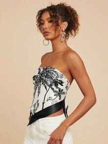 Travachic 女士不对称下摆棕榈树印花时尚抹胸上衣 - 杏色 - 查看 6