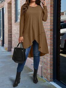 SHEIN Plus Size Solid Color Long Asymmetrical Hem Round Neck Long Sleeve T-Shirt - Khaki - View 3