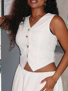 Tyla Gomez 女士夏季休闲纯色V领背心和裙子两件套亚麻 - 米色 - 查看 4