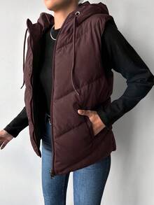 EURMUSE Damen einfarbige Reißverschluss-Vorderteil Kordelzug Kapuzen Lässig Regular Weste Jacke, Winter - Bordeaux - Übersicht 5