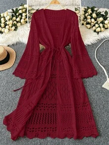 DreamSkyne 大码女式纯色海滩度假浪漫钩针编织网眼抽绳蝴蝶结开衫西部风 - 酒紅色 - 查看 1