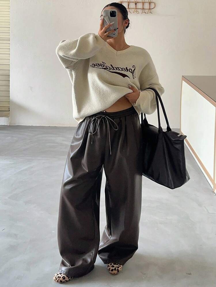 Dazy Plus Plus Size Women Loose Straight Leg PU Leather Pants With Drawstring Waist, Casual Street Style, Suitable For Autumn/Winter