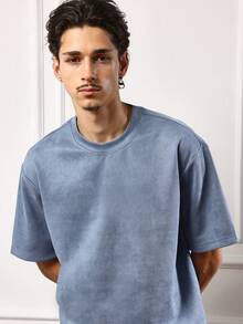 SUMWON 宽松廓形短款麂皮绒短袖T恤，柔软舒适，适合秋季日常穿着，街头风休闲简约都市设计，基础款纯色 - 藍色 - 查看 3