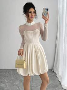 DAZY Women's Sheer Patchwork White Long Sleeve Short Dress - White - View 8