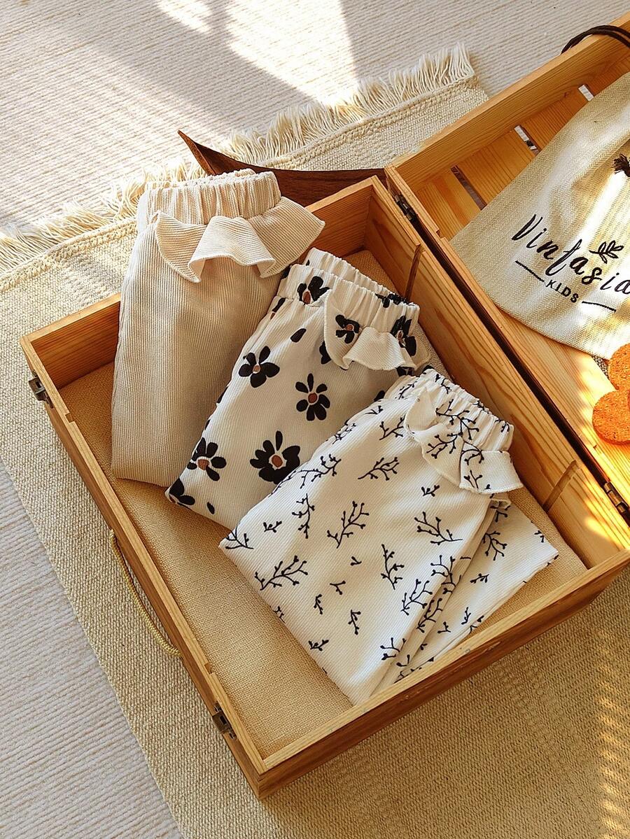 Vintaside Kids 3 件套灯芯绒印花荷叶边松紧腰直筒裤，适合婴幼儿女孩