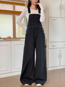 Rivivi 女式休闲水洗阔腿牛仔背带裤 - 黑色 - 查看 8