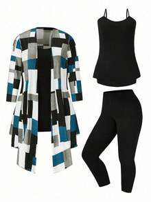 EMERY ROSE 3pcs Plus Size Women Casual Patchwork Print Belted Jacket, Camisole And Leggings Set, Spring/Autumn - Multicolor - View 1