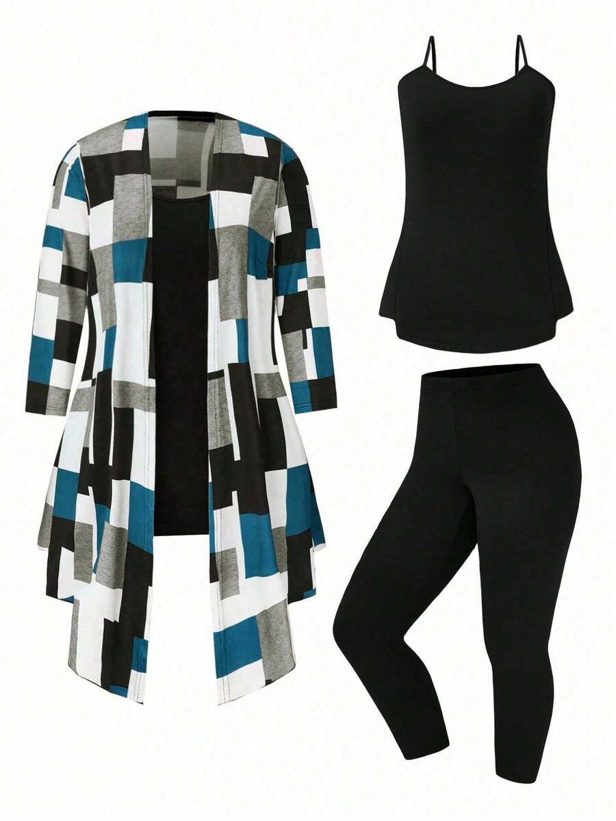 EMERY ROSE 3pcs Plus Size Women Casual Patchwork Print Belted Jacket, Camisole And Leggings Set, Spring/Autumn - Multicolor - View 1