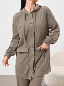 Mulvari 2pcs Khaki Women Casual Daily Hooded Shirt And Pants Set, Autumn/Winter 2 Pieces Set Pant Suit Set Women 2 Piece Woman Set Suit Set For Woman - Khaki - View 5