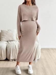SHEIN 孕妇纯色圆领短袖上衣和裙子两件套 - 粉色 - 查看 3