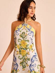 女士花卉印花休闲宽松挂脖迷你连衣裙，度假风 - 彩色 - 查看 8