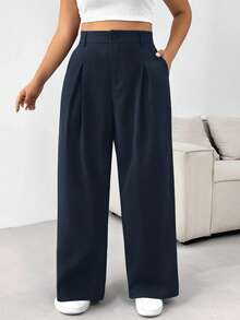 SHEIN EZwear 大码休闲百搭纯色西装裤 - 藍色 - 查看 3