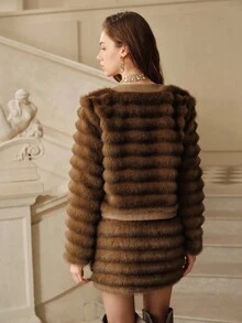 SHEIN Unity 女士优雅渐变色仿皮草和 PU 皮夹克，秋冬 - 棕色 - 查看 2