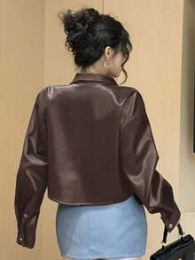 DAZY Women's Short Jacket With Large Pockets, Casual Business Office Wear, Long Sleeve PU Windbreaker, Autumn/Winter Y2k Leather Jacket - Brown - View 3