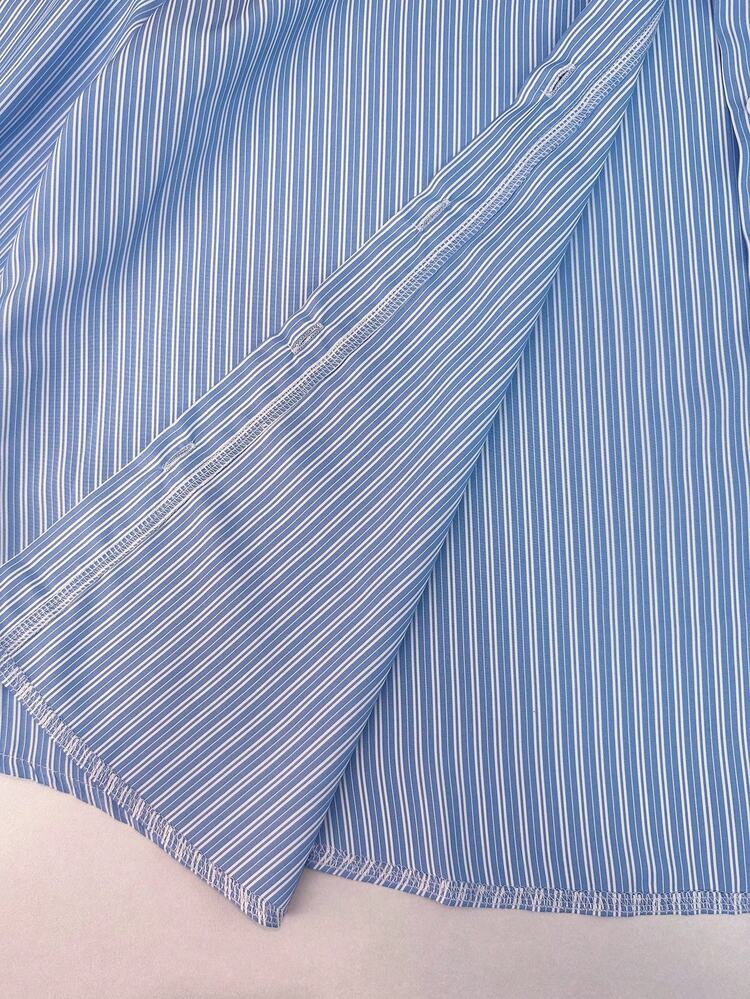 SHEIN Franclia Plus Size Striped Casual Woven Shirt, Autumn/Winter Baby Blue Shirt Stripe Shirt Blue And White Shirt Blue Striped Shirt Light Blue Blouse - Blue - View 4