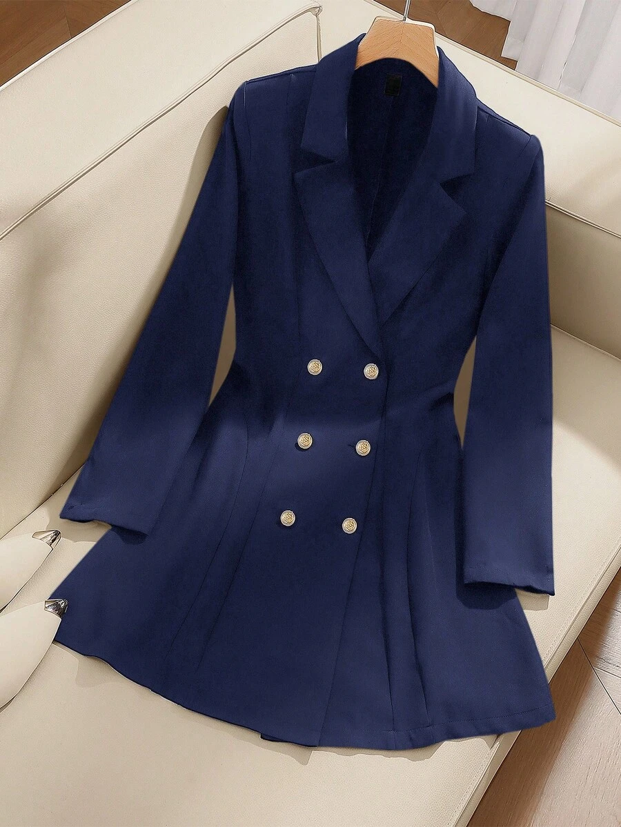 SHEIN Clasi Áo khoác blazer công sở thanh lịch, cổ ve áo trơn màu tay dài, hai hàng khuy, trang phục thu đông cho nữ - Màu xanh hải quân - Xem 1