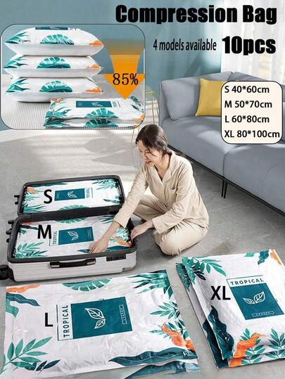 10pcs/1 Set Storage Bag Suit, Vacuum Sealed Bags, Super Large Thick Transparent Vacuum Bag, Vacuum Compression Bag For Quilt, Clothes, Home Organization, Space Saving, Reusable For Wardrobe, Travel, Bedding