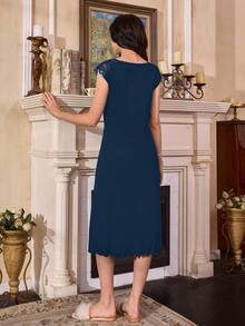 Côtesoire Váy ngủ thường ngày cổ chữ V ren viền giả kiểu Pháp đính nút cho nữ - Màu xanh hải quân - Xem 2