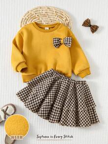 Cozy Pixies 两件套女婴服装 - 蝴蝶结装饰圆领长袖卫衣和格子松紧腰裙，舒适、百搭、时尚、休闲、优雅，适合室内、室外、日常、学校、运动、派对、节日、万圣节、圣诞节、情人节等多种场合。 - 彩色 - 查看 3
