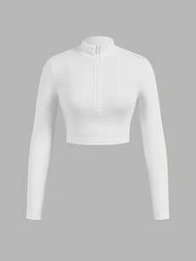 SHEIN EZwear 3pcs Women Zip-Up Ribbed Fabric Mock Neck Long Sleeve T-Shirt Set, Suitable For Spring & Autumn