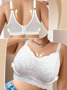 1pc Plus Size Women Lace Patchwork Wireless Bra - White - View 3