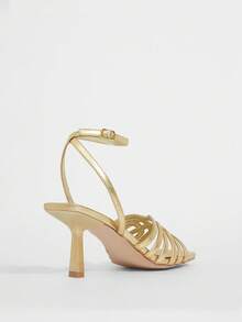 CUCCOO SZL Sandalias de tacón alto con diseño de hebilla y punta cuadrada minimalista para mujer, color dorado - Dorado - Ver 4
