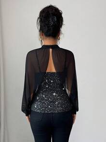 Elenzga Áo thun nữ trơn màu đính sequin cổ đứng, viền lưới tương phản và dây đeo mảnh, áo thun sequin thanh lịch thích hợp cho các buổi tụ họp trang trọng mùa thu/đông, hẹn hò, ngày lễ như Giáng sinh, Halloween, ngày lễ tình nhân, năm mới - màu đen - Xem 2