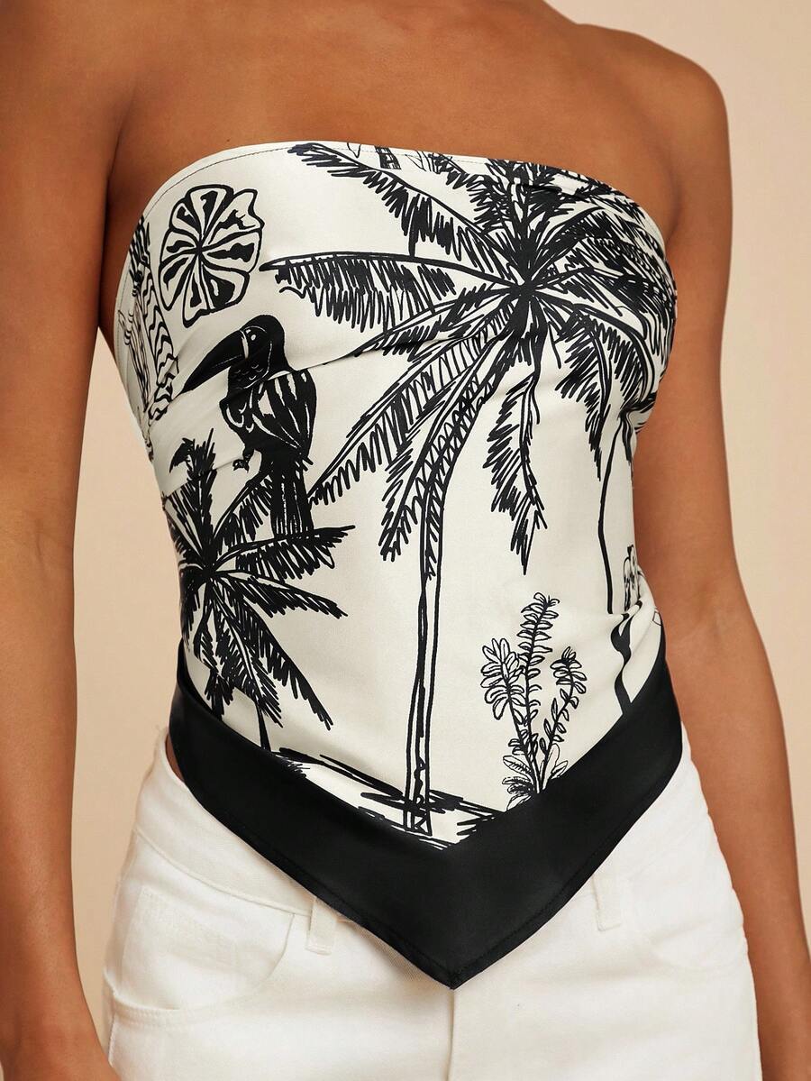 Travachic 女士不对称下摆棕榈树印花时尚抹胸上衣 - 杏色 - 查看 1