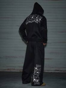 AXEPEAK Women's Rhinestone Letter Graphic Hoodie And Sweatpants Casual Loose Suit, Autumn/Winter - Black - View 3