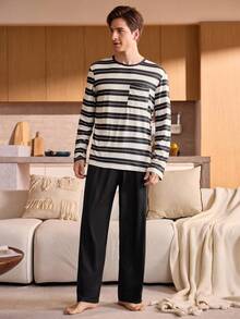 Manfinity Underwear&Sleepwear Basics Plus Size Women Striped Long Sleeve Pocket Top And Pants Pajama Set - Black and White - View 3