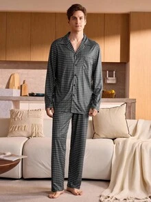 Manfinity Underwear&Sleepwear Basics 2 pièces Ensemble de pyjama à manches longues et pantalon long à motif à carreaux pour hommes de grande taille (confortable et doux pour le port à la maison) - Noir et Blanc - Voir 3