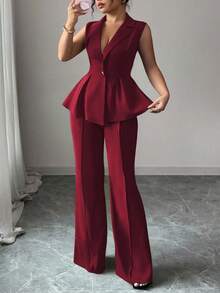 Elenzga 加大码无袖西装外套领口收腰优雅浪漫女士套装 - 酒紅色 - 查看 1