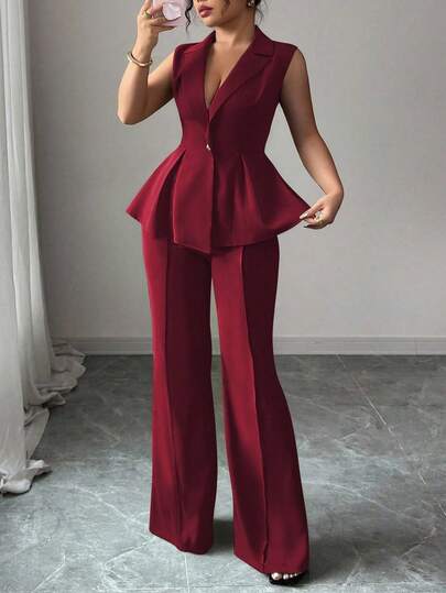Elenzga Plus Size Sleeveless Blazer Collar Waist Cinched Elegant Romantic Women Suit Set