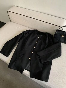 Dazy Plus 大码女式休闲开衫，喇叭袖，收腰设计，秋季女式外套 - 黑色 - 查看 7