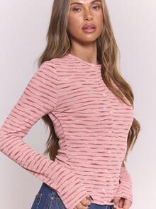 MUSERA Asymmetric Button Down Long Sleeve Stripe Ribbed Crew Neck Top Old Money Cute Country Cottage Core Casual Lounge For Women Butterscotch  ,Elegant Festive, Holidays Spring Summer - Pink - View 3