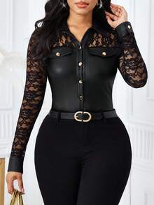 SHEIN Lady Áo thun nữ tay dài cài nút ren tương phản bằng da PU có túi nắp - màu đen - Xem 2