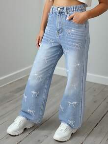 SHEIN Tween Girls Y2K 风格中蓝色复古阔腿牛仔裤，带水钻蝴蝶装饰，适合所有季节的时尚休闲牛仔裤