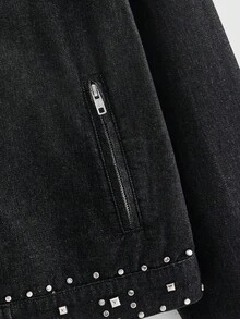 ROMWE MEN Street Life Men's Street Fashion Rivet Zipper Denim Jacket - Black - View 4