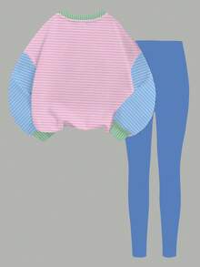 SHEIN 2 件套青少年女孩休闲条纹拼布“纽约”图案运动衫和紧身裤套装，舒适的马卡龙色，适合秋冬季 - 彩色 - 查看 4