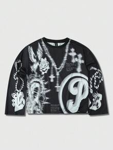 ROMWE MEN Goth Men's Casual Street Letter & Cross Print Long Sleeve T-Shirt, Autumn - Black - View 5