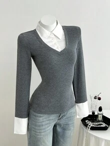 Elamini Women's Casual Fitted Knit Striped Shirt