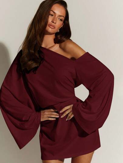 Athîral Women's Elegant Commuter Solid Color Asymmetric Collar Flare Sleeve Mini Dress,Wedding Guest Dress Women