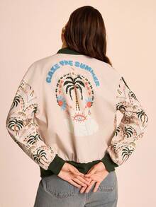 CAJUNI 女士棕榈树印花长袖休闲棒球夹克，秋季 - 黑色 - 查看 2