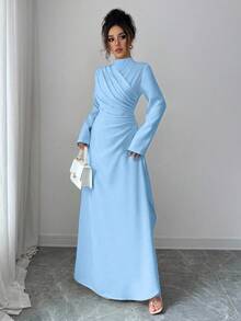 Firerie Robe longue élégante pour femmes, col rond, taille froncée, style A, manches longues, couleur unie, idéale pour le bureau, les déplacements, les vacances, les fêtes, le style rétro d'enseignante. Robe bleu clair, robe col montant, robe plissée style A, vêtements printemps automne hiver. Élégante, déplacements, rendez-vous, fête, mariage, remise de diplôme, soirée, tenue de travail, rentrée scolaire, fête annuelle, robe d'anniversaire pour femme