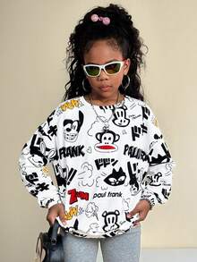 Paul Frank X SHEIN Tween Girl Fall/Winter Cartoon&Letter Graphic Oversize Pullover Sweatshirt,White With Black Polka Dots,Autumn,Streetwear,School,Back-To-School,Thermal - White - View 6